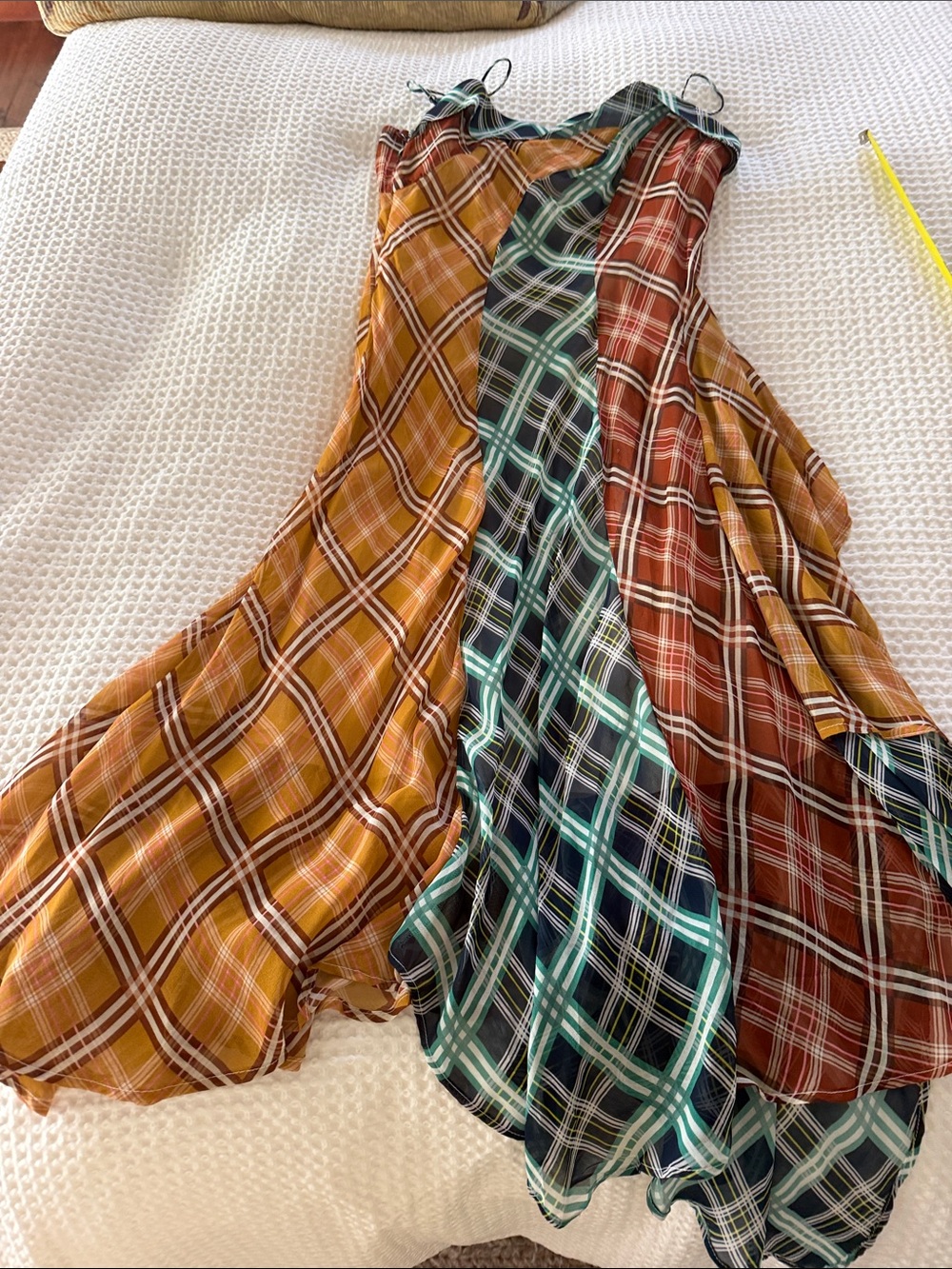 Maeve Multicolor Plaid Asymmetrical Slip Dress with Teal & Mustard Panels - Picture 7 of 11